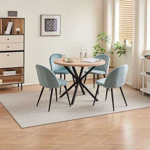 DEYARNA HOME Essgruppe Set Tisch und Stühle, Esstisch und 4 Stuhl, Samt-Esszimmerstühle, Tischplatte aus MDF, Schwarze Tischbeine, Moderner Küchentisch Set (Helle Holzfarbe/Grün, 100 * 100 * 76.5cm)