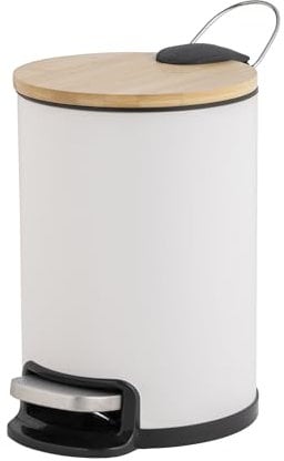Douceur d'Intérieur, Poubelle de Salle de Bain (3 l) Mobelle Blanc, Métal Uni et Bambou