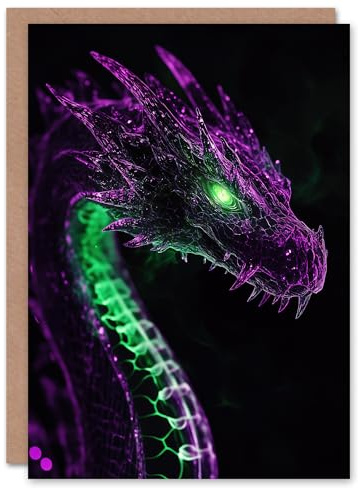 Artery8 Personalised Dragon Head Neon Purple Green Fantasy Concept Art For Him Or Her Art Birthday Card