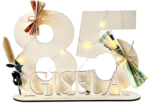 85 Geburtstag Geschenk Frauen & Männer Geldgeschenke Geburtstag 85 mit LED Lichterkette I Gästebuch Holz 85 Geburtstag Deko I Personalisiertes Geburtstagsgeschenk mit Namen Oma Opa (85)