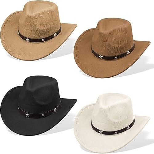 4 Pcs Women Men Felt Wide Brim Western Cowboy Hats Belt Buckle Panama Hat