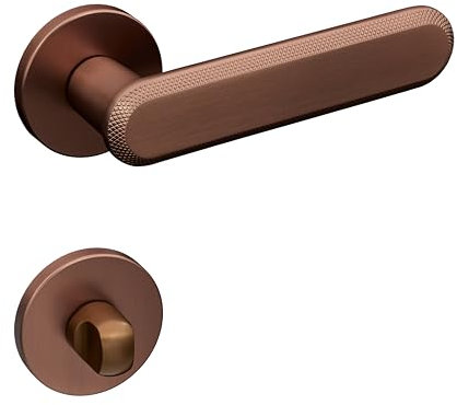 Gavroche Türgriffe Set WC/Bad | Türklinken für Innentüren in Bronze Antik | Drückergarnitur für Zimmertür mit runder Rosettengarnitur aus Metall | Türbeschlag in L-Form mit strukturierter Oberfläche