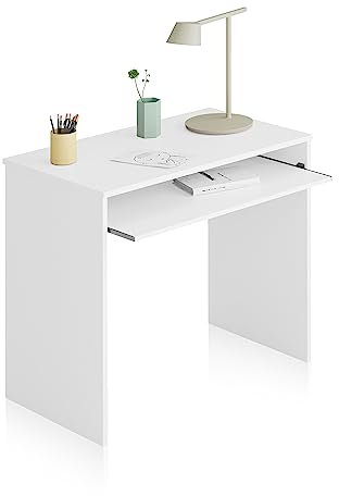 duehome | Mesa de Ordenador con Bandeja extraíble, Mesa Escritorio Juvenil, Modelo Smile, Color Blanco Artik, Medidas: 90 cm (Ancho) x 54 cm (Fondo) x 79 cm (Alto)