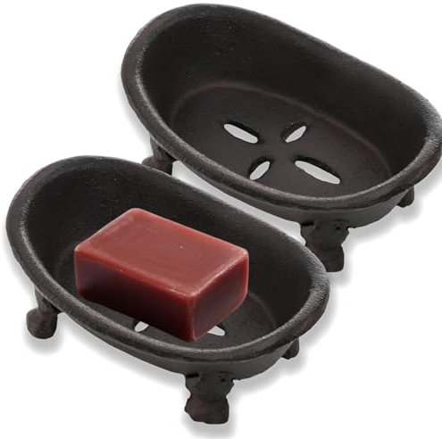 ELFULLY 2 Pieces Bathtub Soap Dish, Mini Cast Iron Soap Holder, Heavy Duty Vintage Metal Planter Jewelry Organizer, Decorative Sponge Trays for Bathroom Shower Kitchen Countertop Sink, Antique Brown