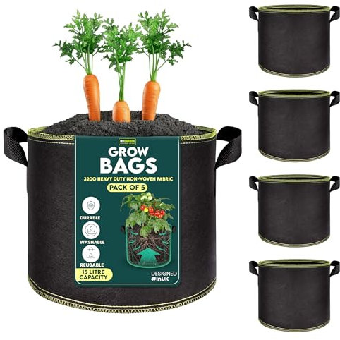 My Garden Grow Bags 15 Litre Fabric Planter Pots with Handles 320g Thickened Nonwoven Breathable Growing Bags for Vegetables, Herbs, Flowers, Tomatoes, Potatoes & Fruits (5, 15 Litres)