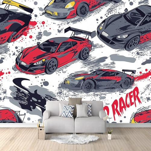 WHUOEUCO Papier Peint Voiture De Course De Dessin Animé 500x280 cm Papier Peint Panoramique Effet 3D, Peinture Murale intissé Grande, pour Moderne Salon Chambre TV Fond