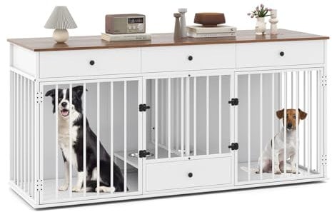 COSTWAY Large Dog Crate Furniture, Heavy Duty Dogs Cage with Double Doors, Divider, 3 Drawers, Pull-out Feeding Bowls, Indoor Puppy Kennel Side Table TV Stand (Brown+White)