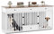 COSTWAY Large Dog Crate Furniture, Heavy Duty Dogs Cage with Double Doors, Divider, 3 Drawers, Pull-out Feeding Bowls, Indoor Puppy Kennel Side Table TV Stand (Brown+White)
