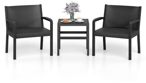 RELAX4LIFE Set Tavolino e 2 Sedie da Esterno in Rattan, Set Giardino con Tavolino Quadrato e 2 Poltrone, Rinforzo Traversa, Facile Installazione, per Terrazzo/Balcone/Piscina, Max 150 KG (Nero)