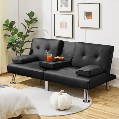 Lenora 2-Seater Adjustable Black Leather Sofa Bed with Built-In Drink Holder (Black)