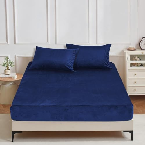 YASMENG Winter Plüsch Spannbettlaken 90x200cm Blau Dunkelblau Warm Kuschel | Fleece Bettlaken 90x200cm Weich Kuschelig Samt Flauschige Spannbettlaken Boxspringbett Geeignet für 30cm Matratze