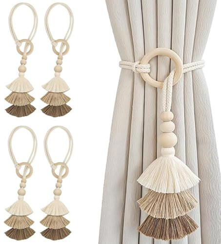 BWOOOWE 4 Stück Raffhalter für Vorhänge Boho Quaste Gardinenhalter Makramee Vorhang Raffhalter Dekorativer Seilhalter Gardinenstangen Halterung Vorhanghalter