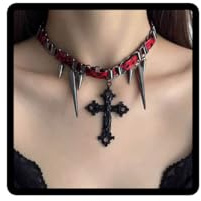Carufin Gothic Cross Choker Necklace, Red-Black Leopard Pattern, Metal Spikes