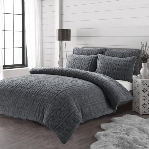 Kampala Hill Leaves Teddy Grey Duvet Cover Set With Pillowcases Double Bedding Set