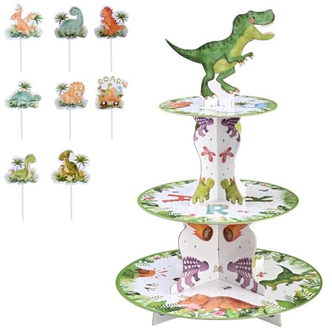 Dinosaurier Cupcake Ständer 3 Etagen mit 16 Stück Dinosaurier Cupcake Topper Muffinständer Dessert Ständer für Geburtstagsparty, Baby-Dusche, Party, Familienfeiern, Bankette