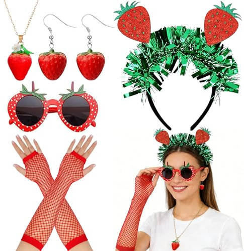 Auzlya 5 Stück Erdbeer Kostüm Damen,Faschingskostüme Damen | Erdbeers Sonnenbrille,Erdbeer Haarreif,Erdbeer Ohrringe Halskette,Rote Handschuhe,für Hawaiian,Carnival Obst Kostüm Party