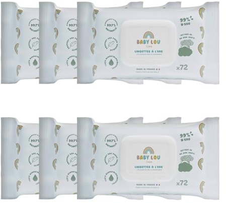 BABYLOU CARE | Water Wipes 6 x 72 Sachets | 99% Water | Soft and Soothing | Suitable from Birth | Suitable for Sensitive Skin | 99.7% Natural Origin Ingredients | Made in France
