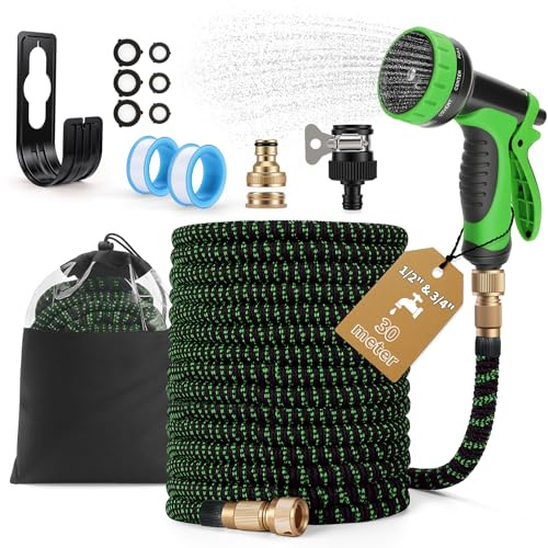 Flexibler Gartenschlauch 30m/98FT, Erweiterbarer Gartenschlauch mit 10 Funktions Gartenbrause, Vollmessing Adapter 3/4 zoll und 1/2 zoll, Strapazierfähiger Flexibel Wasserschlauch, Garden Hose