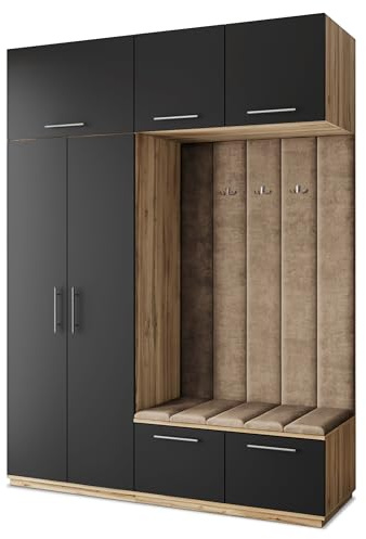 Masseno Flugarderoben Set Rema, Kleiderschrank-Set mit Sitzbank, Garderobenschrank Flur mit 5 Regalböden, Eiche Wotan/Schwarz