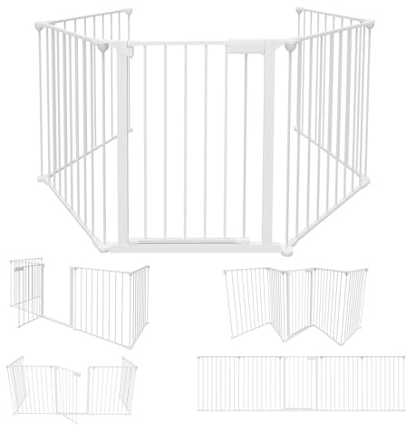 Peviasot Kaminschutzgitter mit Tür Metall 310 cm | Kamingitter Absperrgitter faltbar | Sicherheitsgitter mit Drucköffnungsmechanismus | Türschutzgitter für Kinder-Sicherung | 5-teilig Elemente Weiß