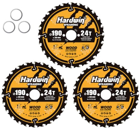 190mm x 30mm Circular Saw Blade for Wood Cutting, 3-Pack 24T Carbide-Tipped | ATB 24T carbide blade, 2.2mm kerf for wood & plywood. 3-pack, 30mm bore with 25.4mm reducer ring. Fits all corded saws.