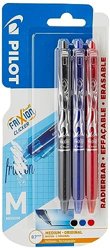 Pilot FriXion Clicker - Bolígrafo roller de gel de tinta borrable, 3 Unidades (Paquete de 1), color negro, rojo y azul