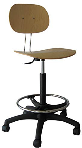 SGABELLO GIREVOLE, SEDILE E SCHIENALE IN MULTISTRATO DI FAGGIO VERNICIATO NATURALE, ELEVAZIONE A GAS, BASE E POGGIAPIEDI IN PLASTICA, CON PIEDINI O RUOTE, SCHIENALE REGOLABILE, PRODOTTO ITALIANO