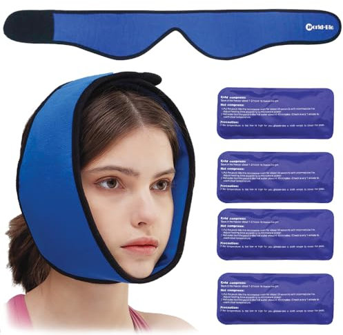 Jaw Ice Pack for Chin Head Jaw Surgery Injuries Hot Cold Compress Packs for Jaw/Chin Pain, TMJ Relief, Headaches, Wisdom Teeth Pain Relief, Face Jaw Ice Pack Wrap with 4 Reusable Gel Cold Packs