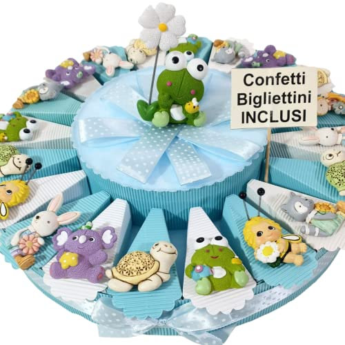 Torta bomboniere nascita battesimo maschio animali calamite misti colorati + centrale animaletti clip portafoto protamessaggio (20 fette)