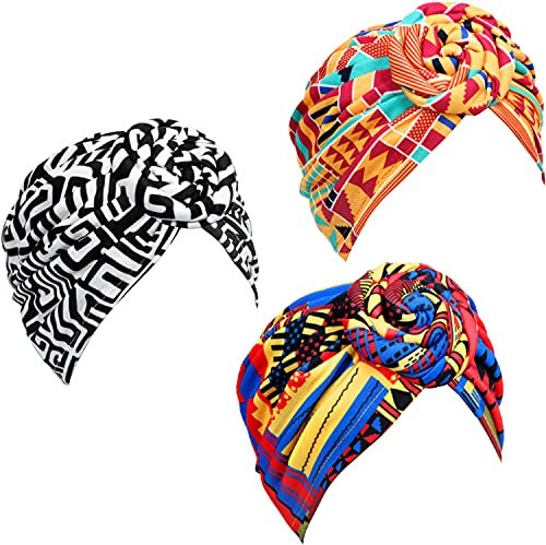 SATINIOR 3 Stücke Afrikanischen Turban für Damen Knoten Pre-Gebunden Motorhaube Hut Kopfbedeckung (Schwarz Orange Rosa Geometrie)
