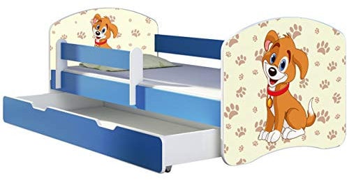 ACMA Kinderbett Jugendbett mit Einer Schublade und Matratze Blau mit Rausfallschutz Lattenrost II 140x70 160x80 180x80 (11 Welpe, 180x80 + Bettkasten)