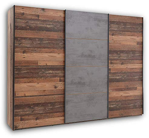 Stella Trading Michel élégante Beaucoup d'espace de Rangement-Armoire Polyvalente à Portes coulissantes Aspect Ancien, Bois d'ingénierie, Old Style foncé/oxyde de béton, Kleiderschrank 3-türig
