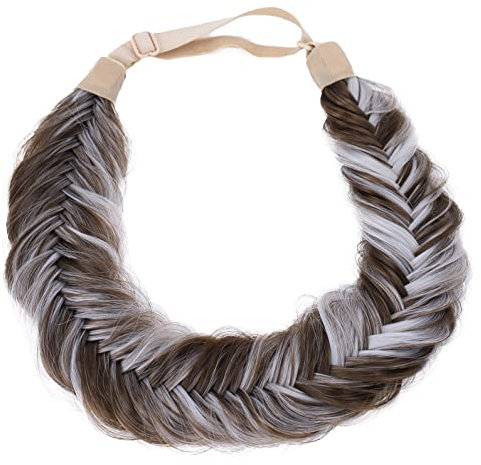 CAISHA Fischgrätenzopf Zopf Haarteil Haarband Stirnband Haarschmuck Geflochten Braun Grau Gesträhnt HZ307