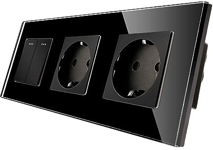 CNBINGO Solecke Doble con interruptor de luz, con placa de vidrio, moderno interruptor de pared Negro de vidrio cristalino, con material fluorescente, interruptor de 2 bandas de 1 vía, 10A 250V