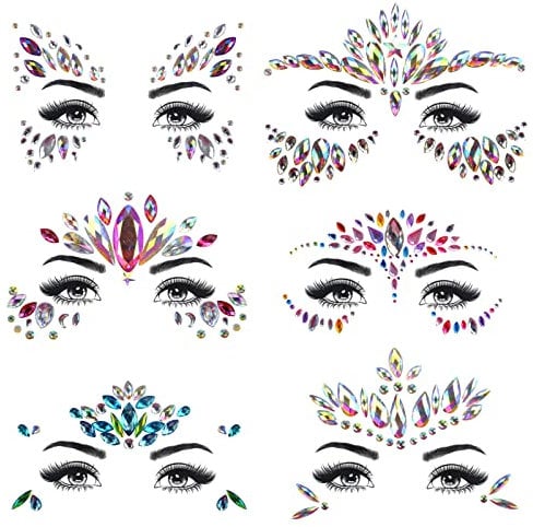 Gesicht Edelsteine 6 Set,Glitzer Gesicht Festival Schmuck,Selbstklebend Gesicht Strass Temporäre Tattoo,Gesicht Aufkleber Augenbraue Gesicht Körperschmuck, für Glitzer Effekt Parties Shows (Typ 1)