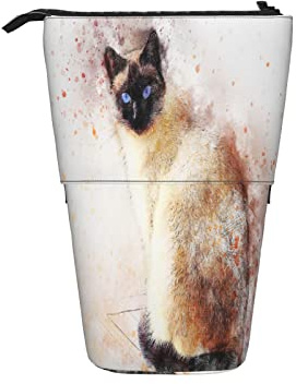 Chat Télescopique Trousse À Crayons Stand Up Pen Bag Siamois Animal Art Pet Abstrait Aquarelle Peinture Noir Brun Organisateur De Crayons, Sac À Crayons Portable pour Le Bureau De L'école