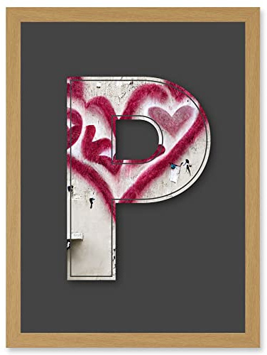 Wee Blue Coo Letter P Heart Cream Decorative Graffiti Mural Alphabet Initial Stencil Artwork Framed Wall Art Print A4