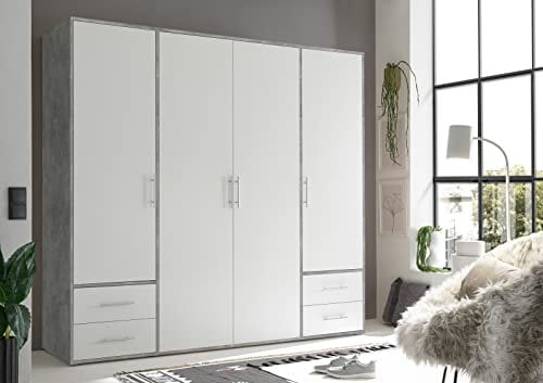 möbelando Kleiderschrank Valencia in Beton Optik/Weiß mit 4 Schubladen und 4 Türen. Abmessungen (BxHxT) 206x195x60 cm