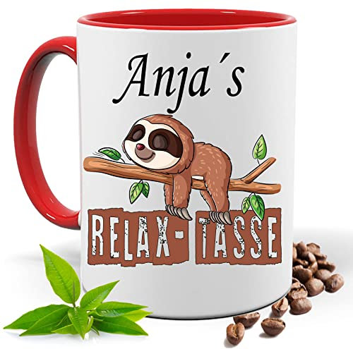 Relax Tasse mit Namen | Lustige bedruckte Tasse mit Faultier & Spruch | Personalisiert | Geschenk Idee| Kaffee Tee Tasse | Fototasse, Motivtasse | Kaffeetasse, Teetasse |Keramik (Rot)