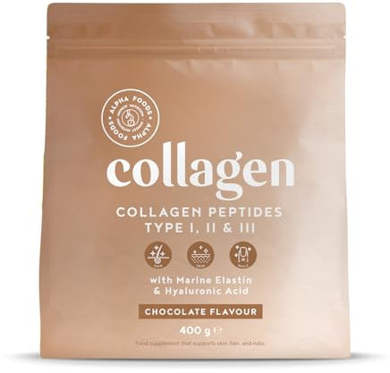 Collagene Poudre [400gr] | Collagen Peptides (Type I, II & III) | Élastine Marin + Acide Hyaluronique | Collagène Hydrolysé en Poudre | Chocolat | Alpha Foods