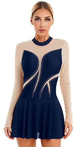 iEFiEL Damen Langarm Ballettkleid Eiskunstlauf Kleid mit Glitzer Kristallen Ballettkleidung Gymnastik Leotard Turnanzug Tanzkostüm Zb Marineblau XL