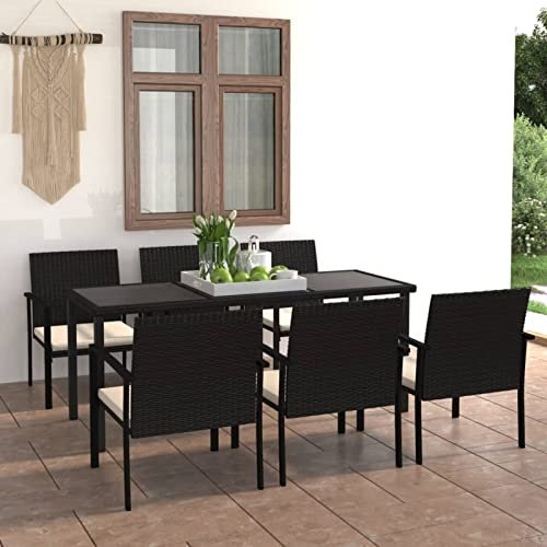 Gecheer 7-TLG. Garten Essgruppe 6 Personen, Terrassenmöbel Set, Sitzgruppe Esstisch mit Glas-Tischplatte & 6 Stühle mit Sitzkissen, Gartenmöbel Set Poly Rattan Schwarz