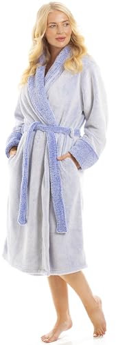 Camille Women's Fleece Dressing Gown - Super Soft Deep Pile Long-Sleeve Dressing Gowns For Women UK With Belted Waist and Front Pockets Blue 14-16