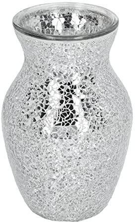 Silberne Vase, 20cm Hoch X 10cm Durchmesser Kristallmosaik-Blumenvase, Silberfarbene Crackle-Glasvase, Hausdekoration, Tischdekoration, Moderne Geschenke Für Zuhause, Urlaub, Jubiläumsfeier