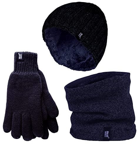 HEAT HOLDERS Mens Hat, Neck Warmer & Gloves Set Winter Knitted Warm Accessories Set (L-XL, Navy)
