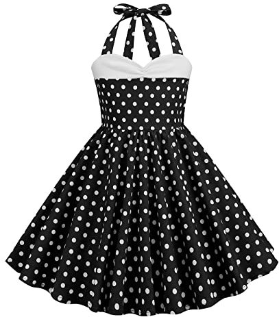 IWEMEK Robe Année 50 Fille Vintage à Pois sans Manches Halter Rockabilly Robe Filles de Fleurs Demoiselle d'honneur Fête de Mariage Anniversaire Communion Soirée Robes de Fête Noir 7-8 Ans