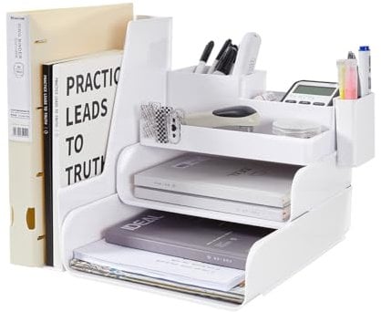 Schreibtisch Organizer mit Aktenhalter,3 Tier Briefablage Ablagefächer mit 1 Stifthalter, Schreibtisch Ablage Zeitschriftenhalter für Büro bedarf Dokumentenablage