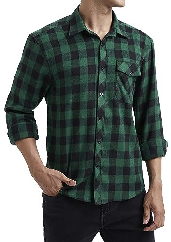 HISDERN Mens Checked Flannel Shirts Long Sleeve Casual Plaid Shirt for Men Lumberjack Shirts Button Down Regular Fit Green L
