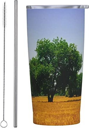 BOHHO Vasos aislados de 20 oz Taza de viaje con tapa y campo de trigo de paja Vaso de árbol verde para automóvil Taza de café de viaje reutilizable para bebida fría y caliente