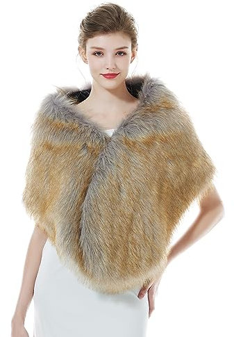 BEAUTELICATE Kunstpelz Stola Schal Damen Pelz Brautschal Brautstola Wrap Schwarz Elfenbein für Braut Winter Hochzeit Festival Weihnachten (Langes Fell - Braun mit Grauer Spitze)